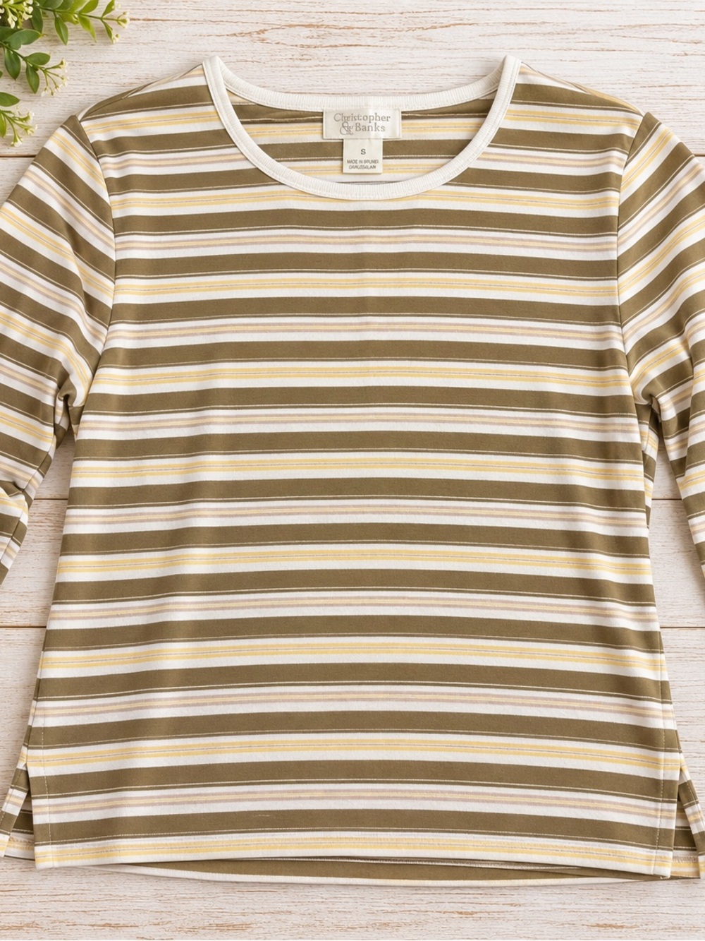Christopher & Banks Olive, Cream & Tan Striped Long Sleeve Tee